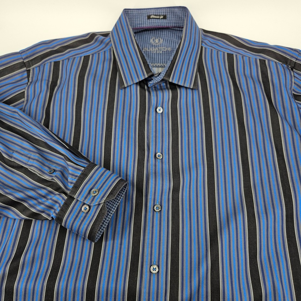 Bugatchi Uomo Mens Classic Fit Blue Black Striped Long Sleeve Button Down‎ Shirt